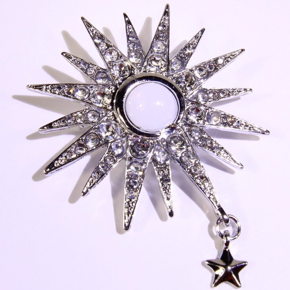 Victorian Style 16 Point Star Brooch Faux Moonstone Center